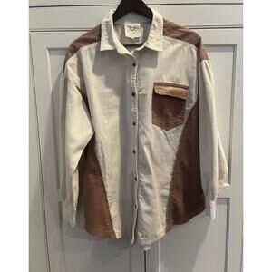 Fantastic Fawn color block corduroy shirt western size S oversized ivory brown